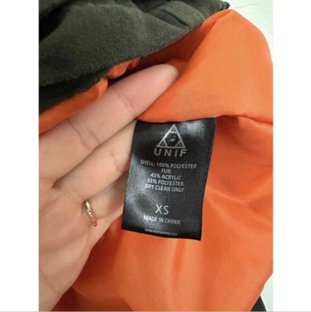 UNIF Berlin Fur Trim Amelia Bomber Jacket Suede Green Zip Orange Lined XS - Picture 6 of 8